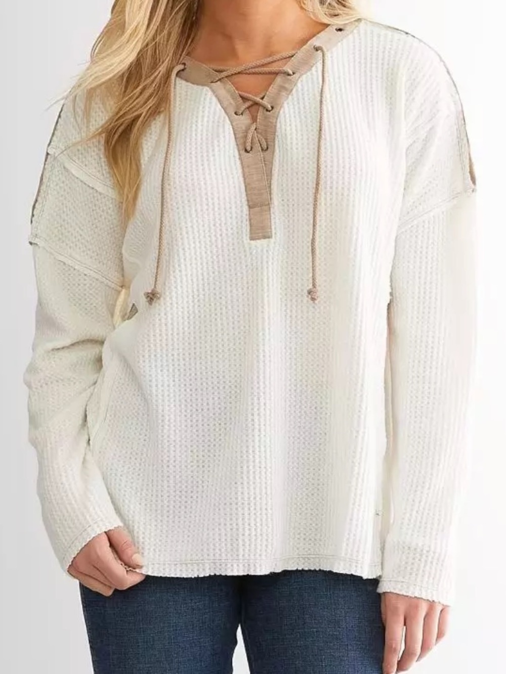 BKE Waffle Knit Top in Cream Camel Size XS
